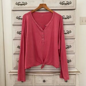 Aerie Pink Buttoned Tie-Front Blouse